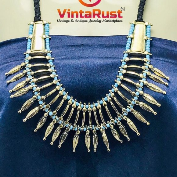 Afghan Ethnic Jewelry Set, Handmade Necklace With Earrings, Silver Metal Spikes - Picture 3 of 8